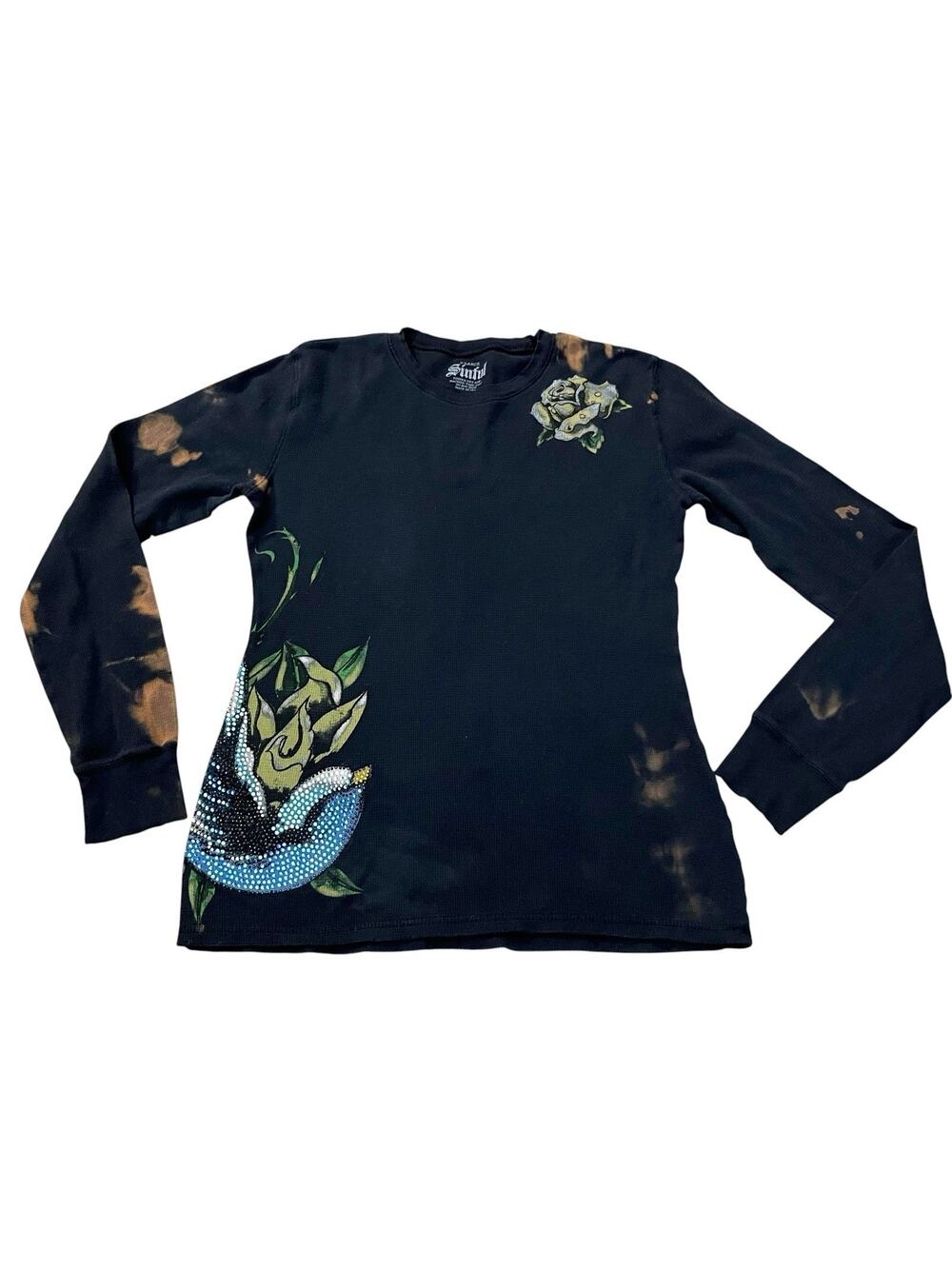 Sinful By Affliction Rhinestone Thermal Tshirt XL Bird Floral Bleached Y2K Bling
